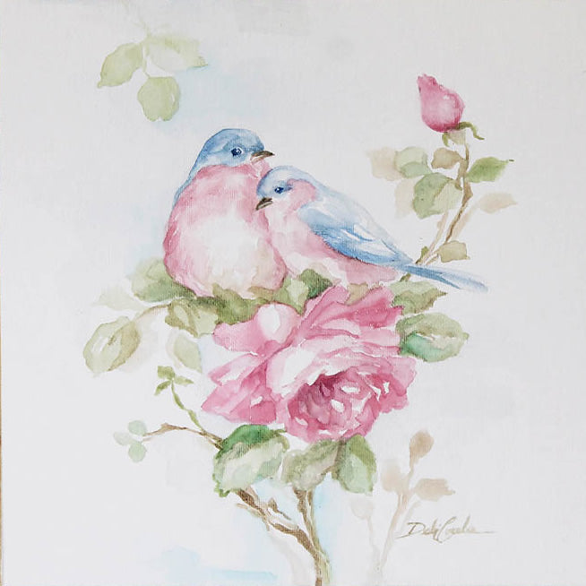 Shabby-chic watercolor painting of two bluebirds perched on a branch with pink roses