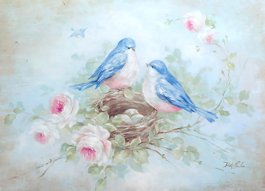 A painting of two blue birds nesting in a blooming rose bush over a pale blue background.