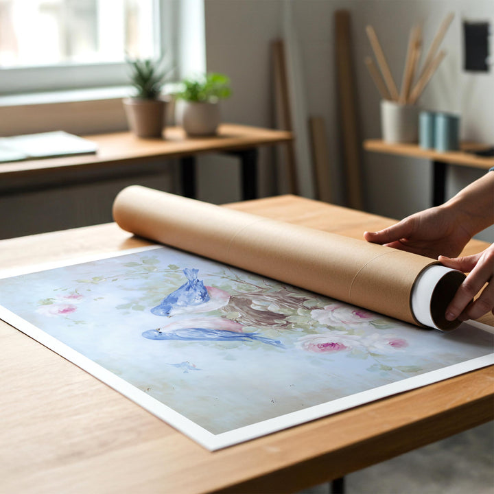 Person rolling up a canvas print of shabby-chic artwork of a two nesting bluebirds to put in a cardboard mailing tube.