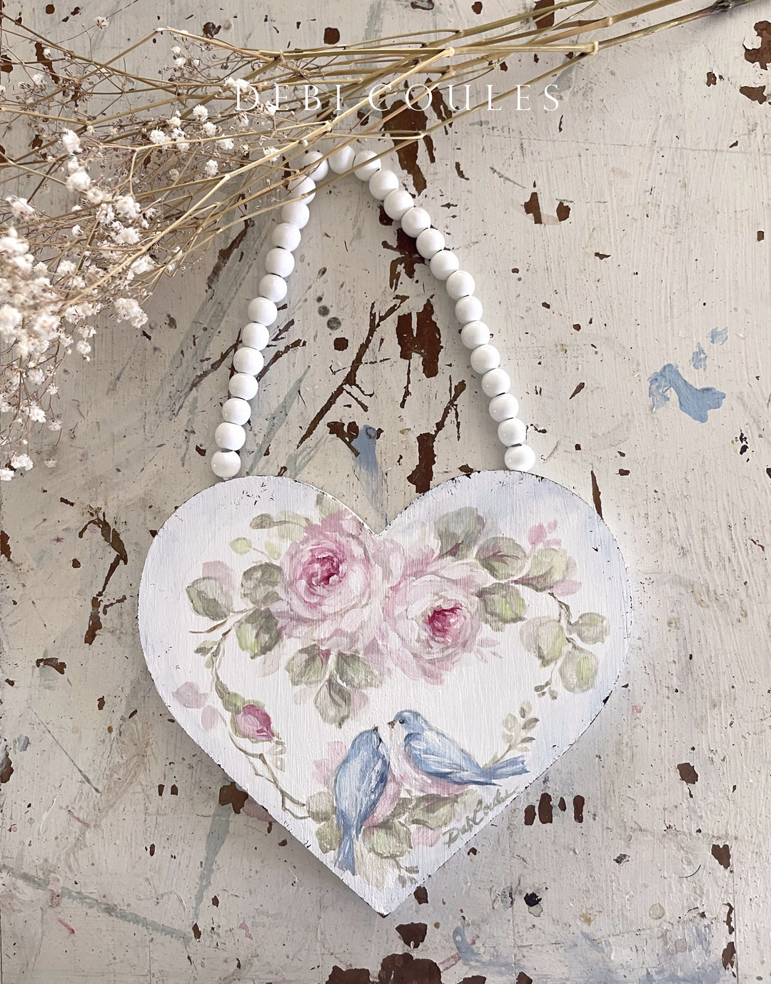 Shabby Chic Mother's Day Gift Large Wood Bluebird Roses and Nest With Eggs Heart Original by Debi Coules (Copy)