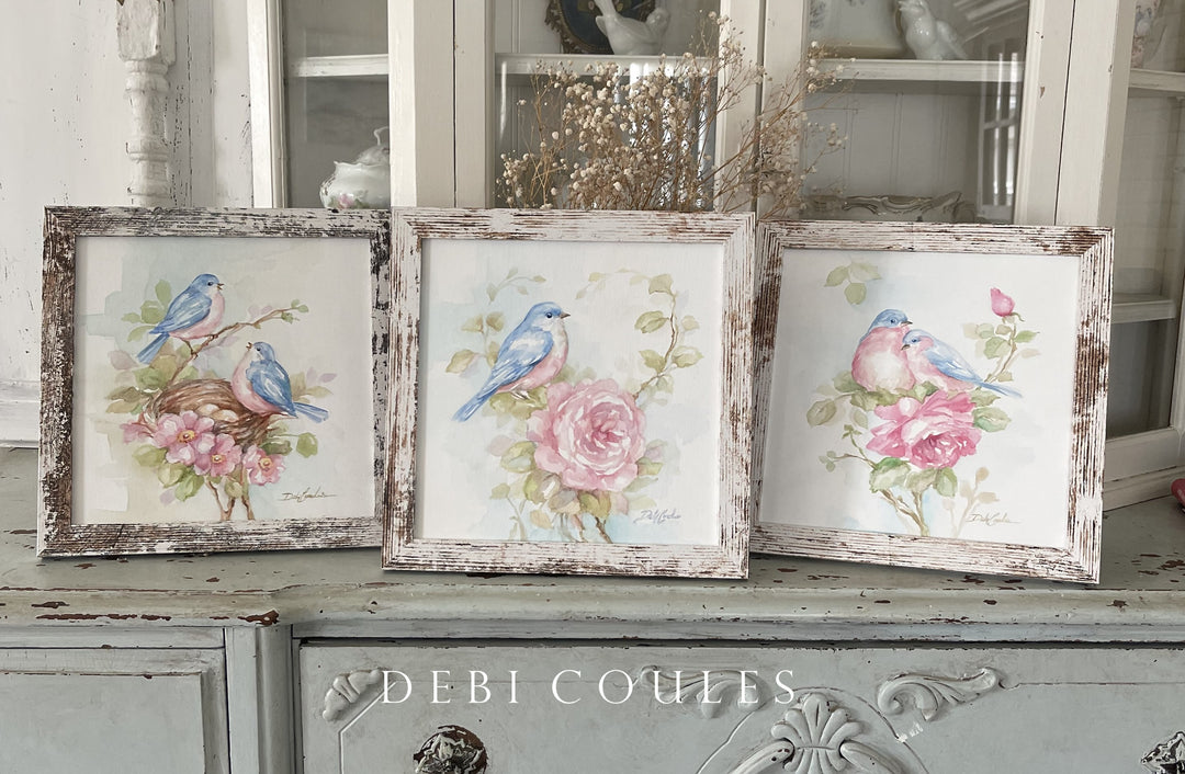 Bluebird and Rose Watercolor Painting Framed  by Debi Coules – Shabby Chic Elegance