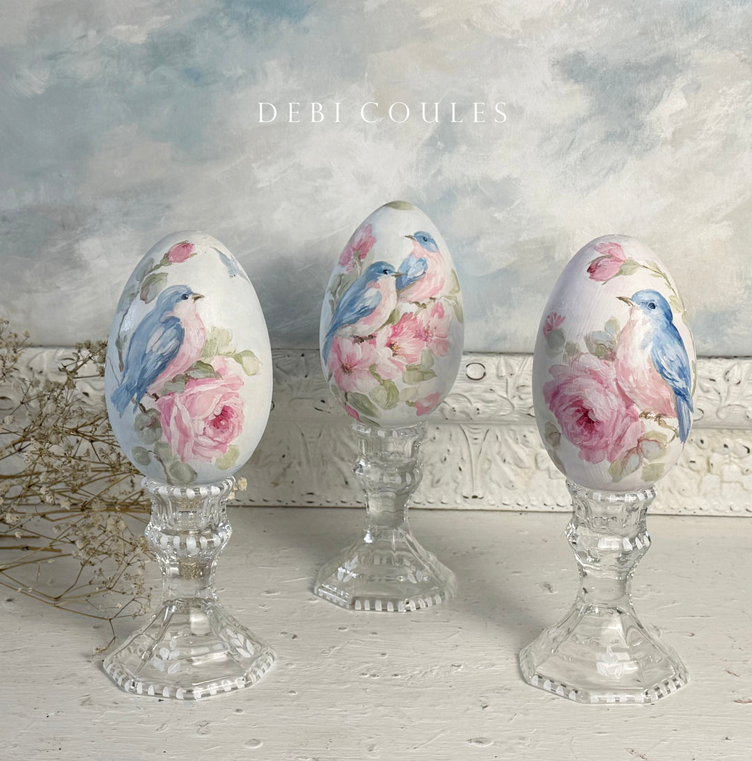 Shabby Chic Hand-Painted Bluebird and Roses Wooden Easter Egg on Glass Stand – Original by Debi Coules