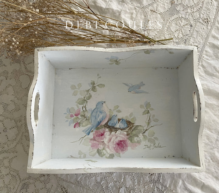 Shabby Chic Vintage Wooden Bluebirds Roses With Baby Bluebirds Nest Original by Debi Coules