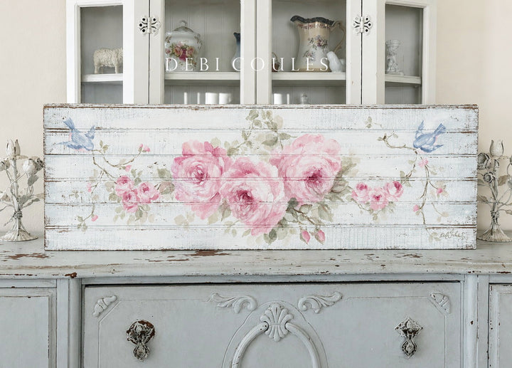 Original hand-painted antique beadboard with romantic pink roses and bluebirds by artist Debi Coules. One-of-a-kind French country wall art on reclaimed wood.