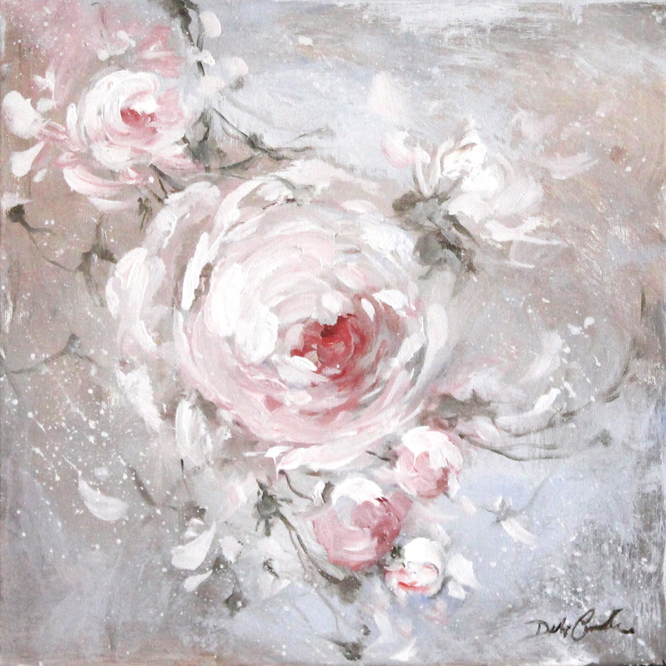 Eden type roses in light pink, almost white, then yielding eventually to shades of darker pinks and the red,, splatter background of mauve, white, and greys. The feeling is calm shabby chic with a bit of modern farmhouse, impressionist style