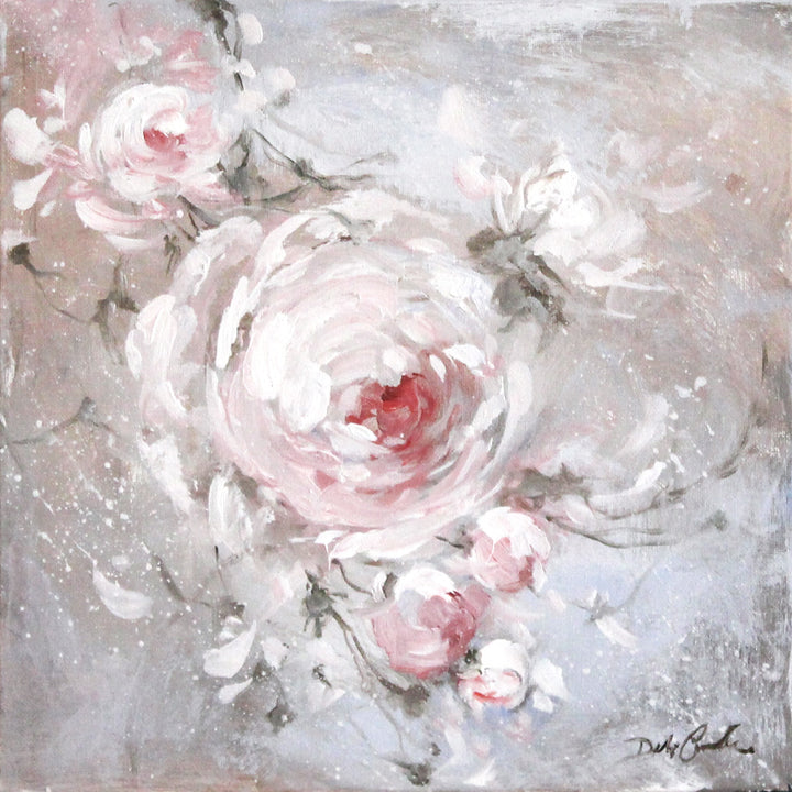 Eden type roses in light pink, almost white, then yielding eventually to shades of darker pinks and the red,, splatter background of mauve, white, and greys. The feeling is calm shabby chic with a bit of modern farmhouse, impressionist style