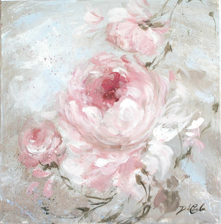 Eden type roses in light pink, almost white, then yielding eventually to shades of darker pinks and the red,, splatter background of mauve, white, and greys. The feeling is calm shabby chic with a bit of modern farmhouse, Impressionist style