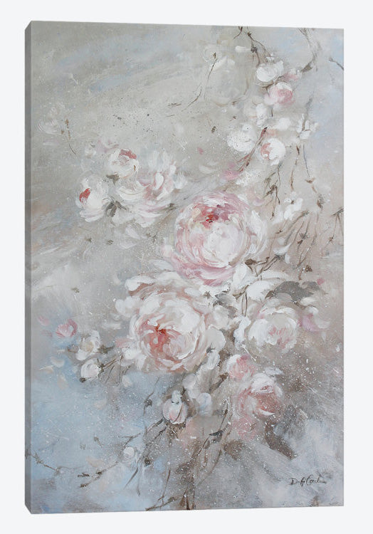 Floral painting with soft pink and white flowers on a textured gray background