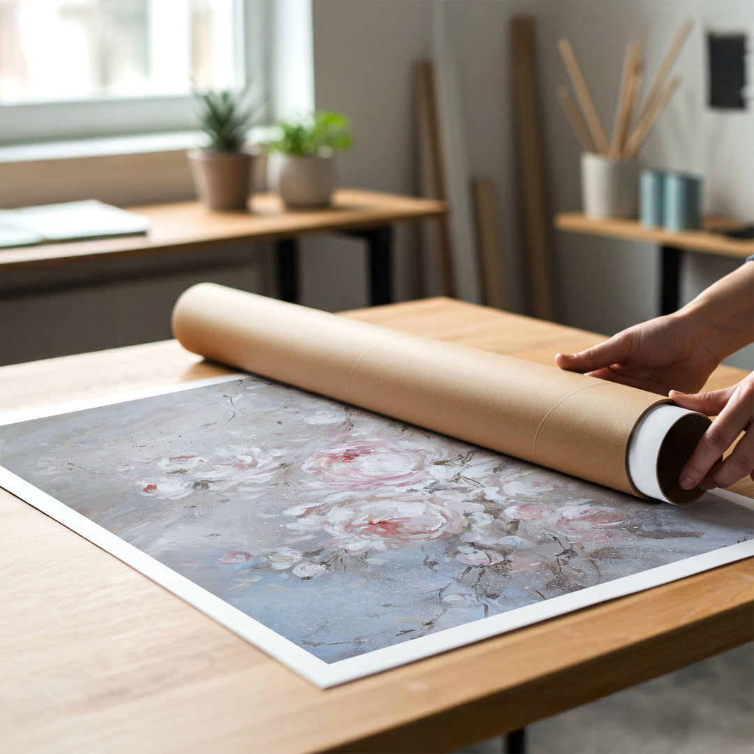 A person rolling up an unstretched canvas print of shabby-chic faded pink roses to place in a cardboard mailing tube.