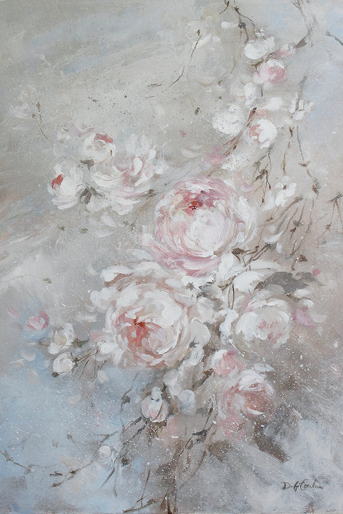 Faded pink roses, almost white, over a splattered background of mauve, white, and greys. The feeling is calm shabby chic with a bit of modern farmhouse.