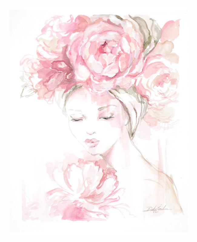 Artistic illustration of a woman's face with pink flowers on a white background