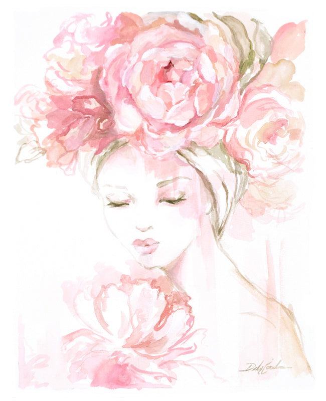 Artistic illustration of a woman's face with pink flowers in her hair on a white background