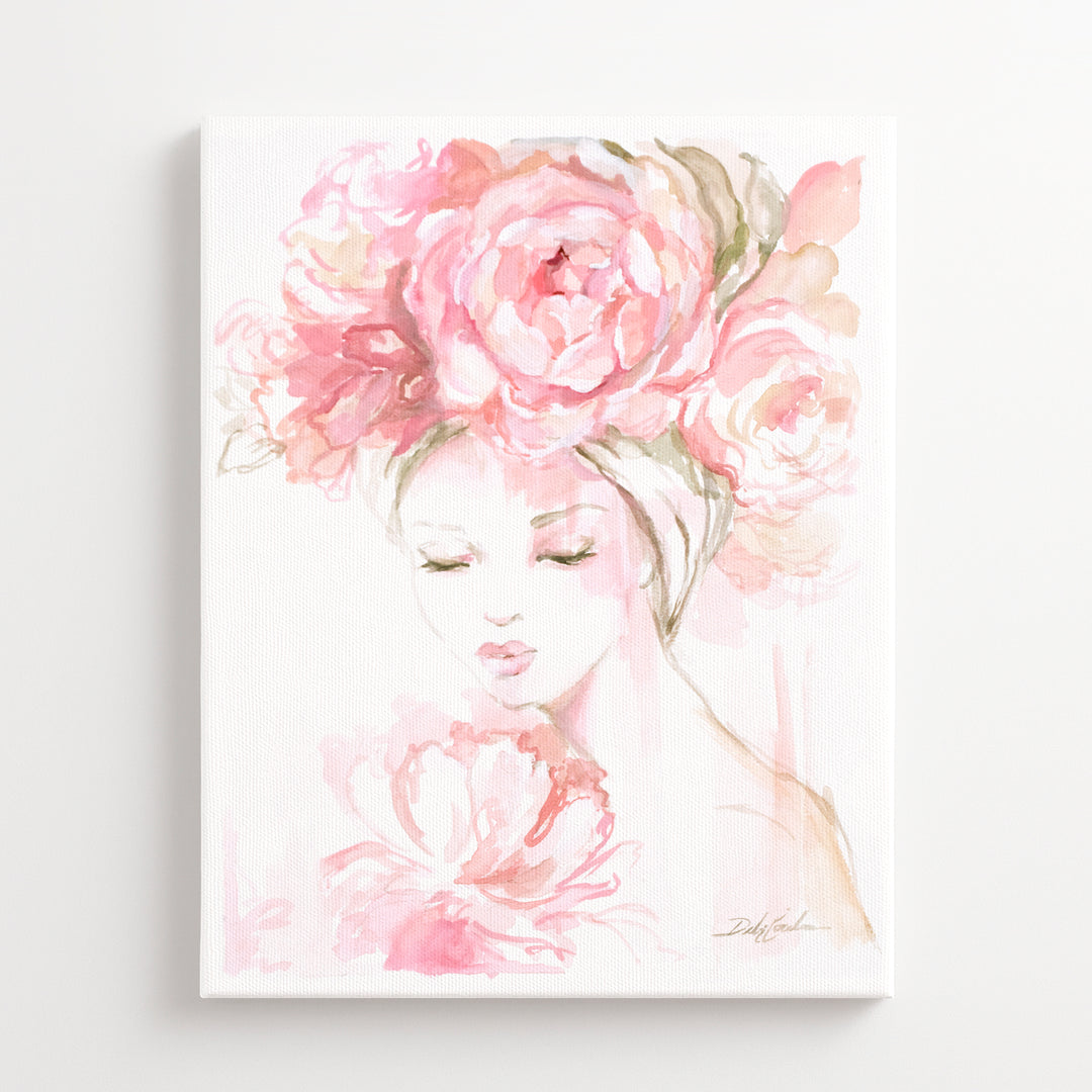 Artistic depiction of a woman's face with pink flowers in her hair on a white background
