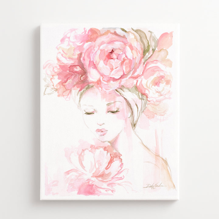 Artistic depiction of a woman's face with pink flowers in her hair on a white background