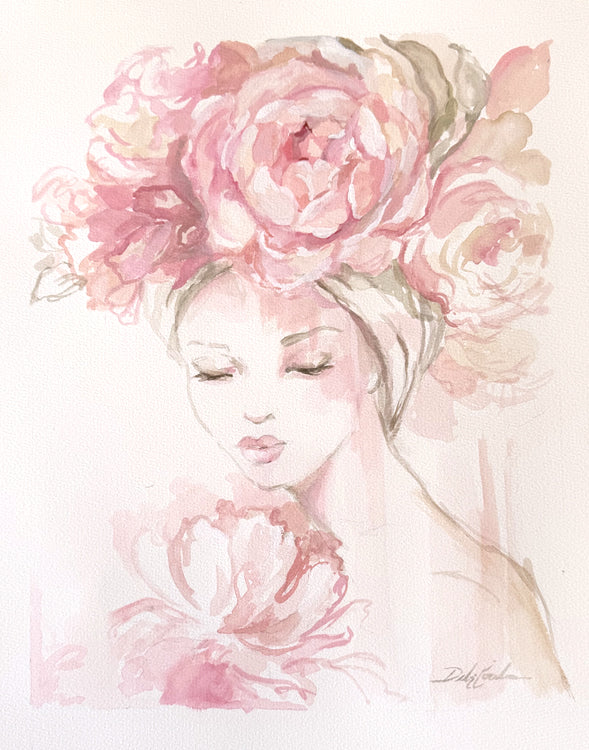 Original watercolor painting of a woman wearing a pink floral headpiece on a white background