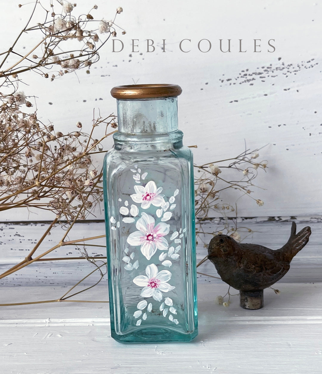 Shabby Chic White Wildflower Antique Bottle Bud Vase Original by Debi Coules