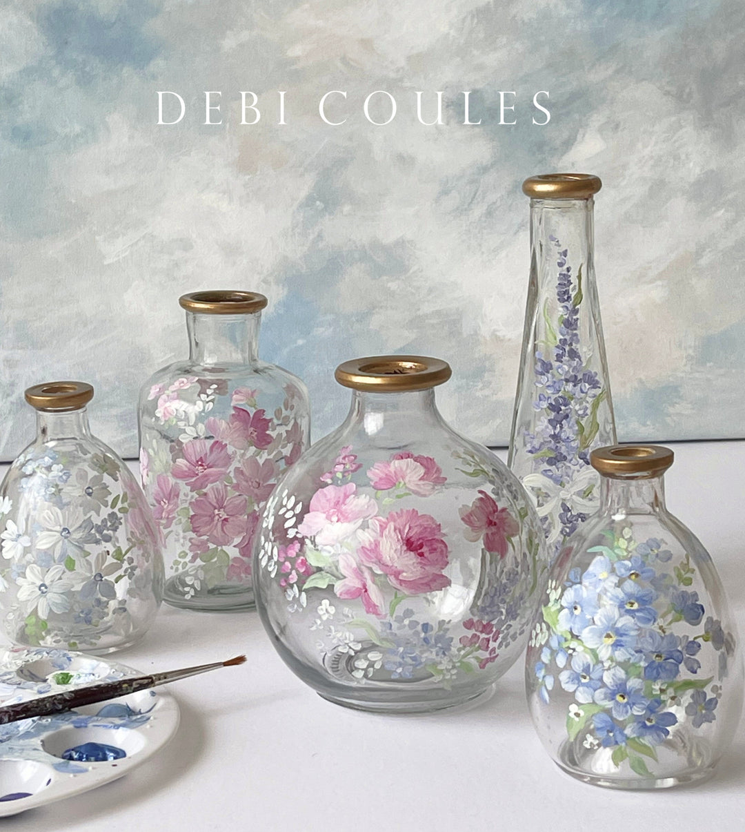 Shabby Chic Vintage Bottle Budvase Forget-me-nots Flowers Original by Debi Coules