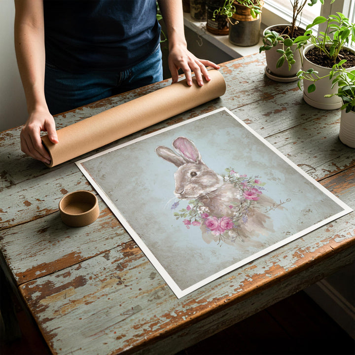 Person rolling up an unstretched canvas print of shabby chic bunny rabbit artwork to be placed in a cardboard mailing tube