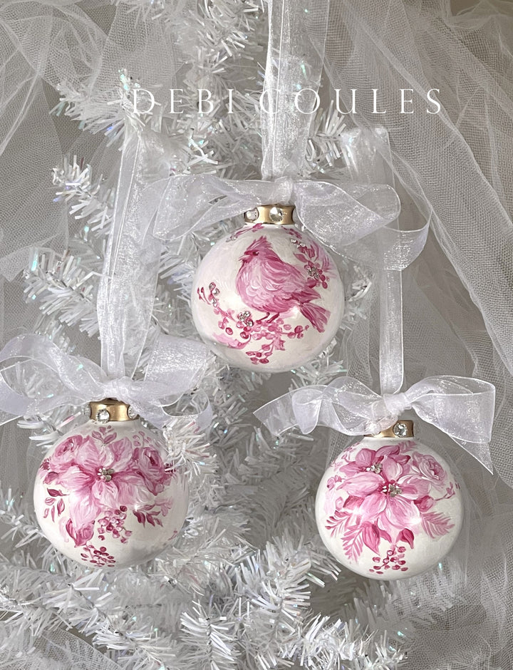 Pink Poinsettia Glass Globe Ornament Holiday Swarovski Crystal Rhinestones Original by Debi Coules