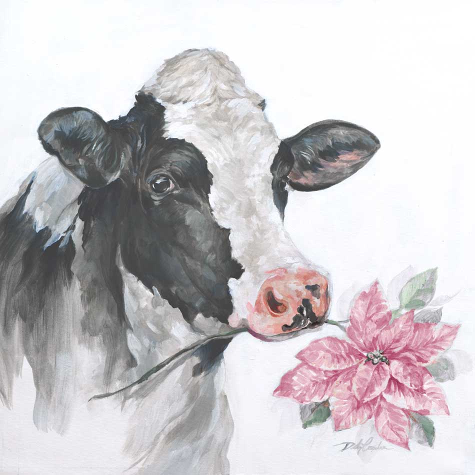 Painting of a cow holding pink poinsettia in its mouth
