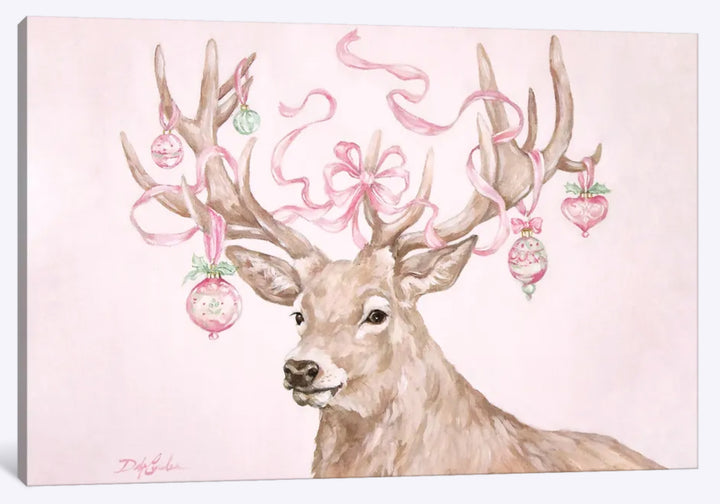 Decorative Christmas painting of a deer with antlers adorned with pink-themed Christmas decorations, ornaments, and ribbons on a light pink background.
