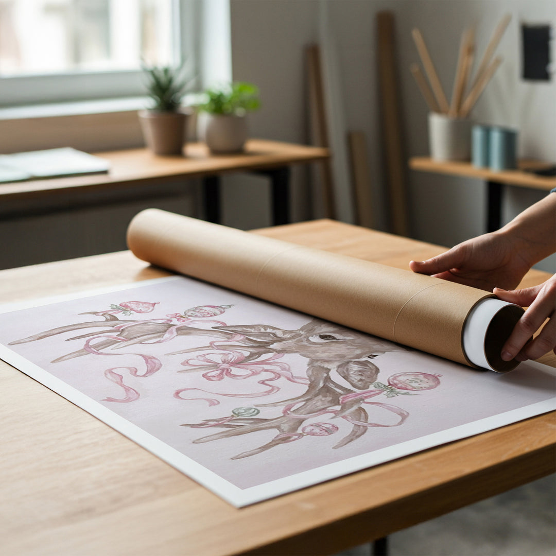 Person unrolling a flat canvas print of a prink Christmas themed reindeer.