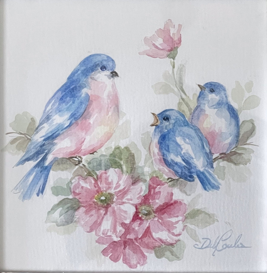 Shabby Chic Bluebird Serenade in Vintage Frame Original Watercolor Painting by Debi Coules