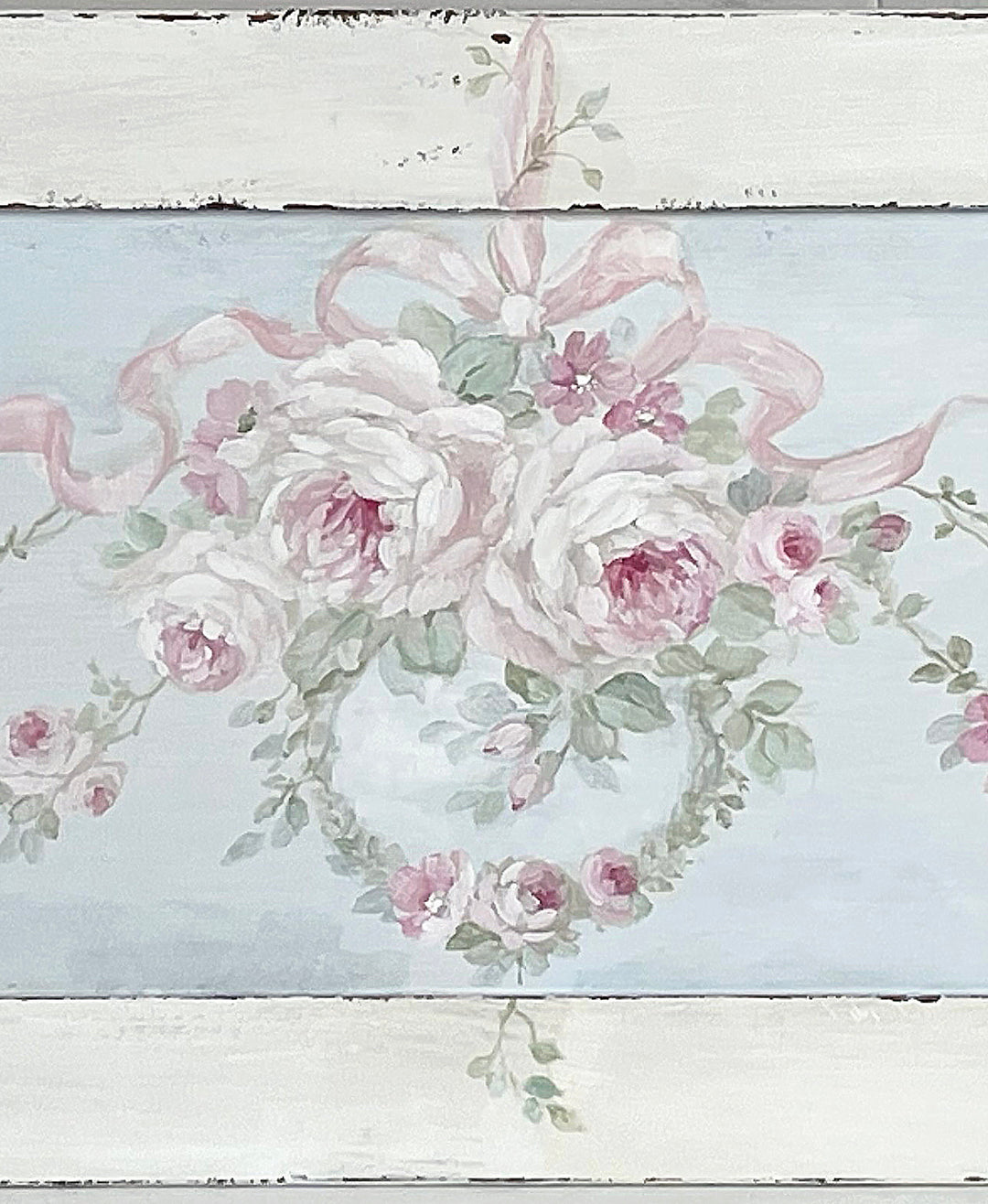 Shabby Chic Vintage Large French Roses Wreath and Garland Wood Panel Romantic Original by Debi Coules