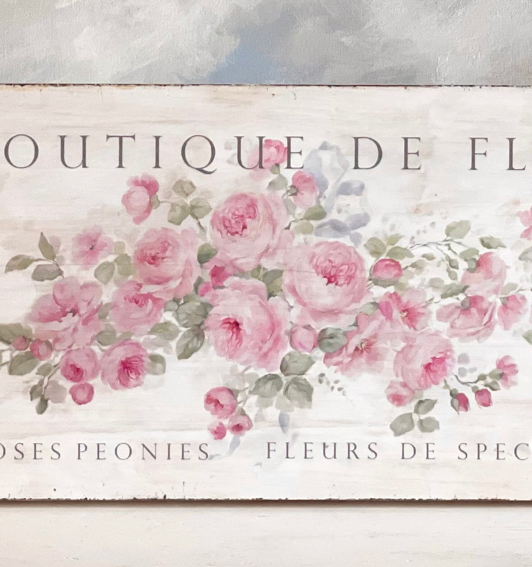Shabby French Chic Pink Roses Wood Sign " Le Boutique De Fleurs" by Debi Coules
