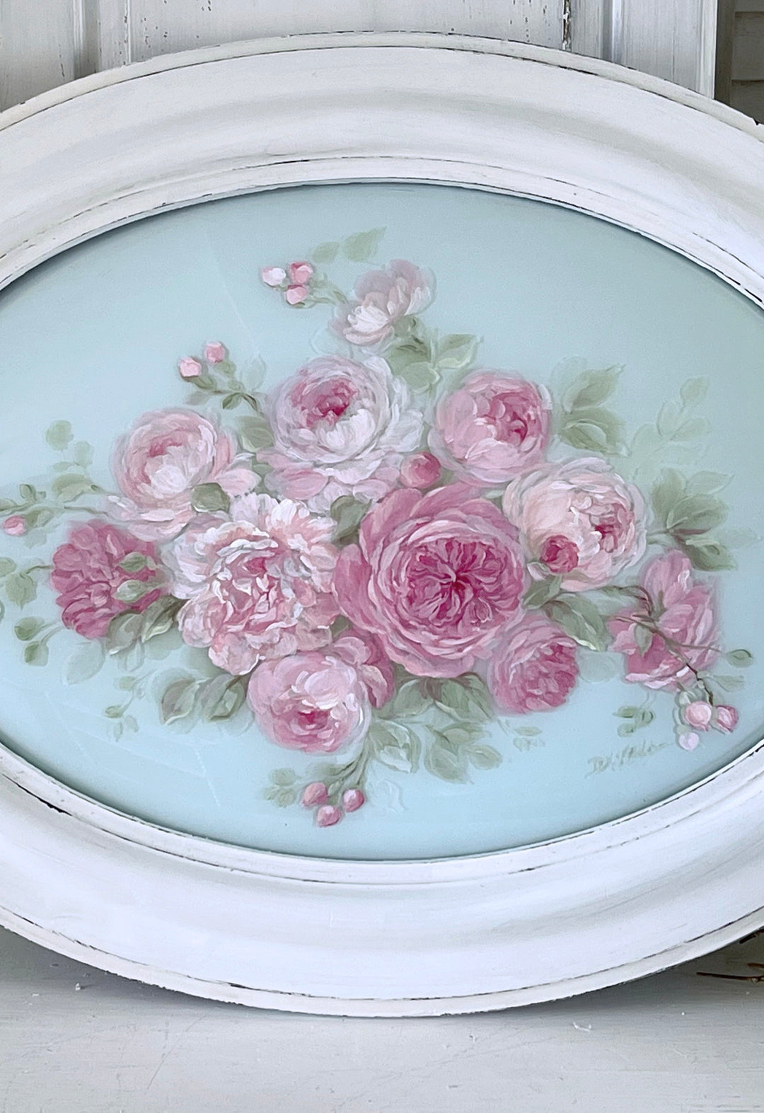 Shabby Chic Antique Roses Wood Framed Original Painting On Convex Glass by Debi Coules