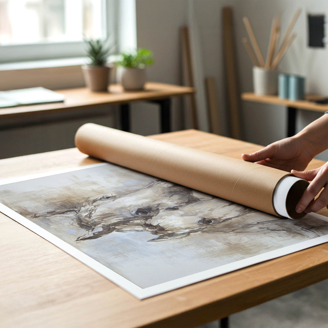 A person rolling up an unstretched canvas print of modern farmhouse horse and foal painting to place in a cardboard mailing tube.
