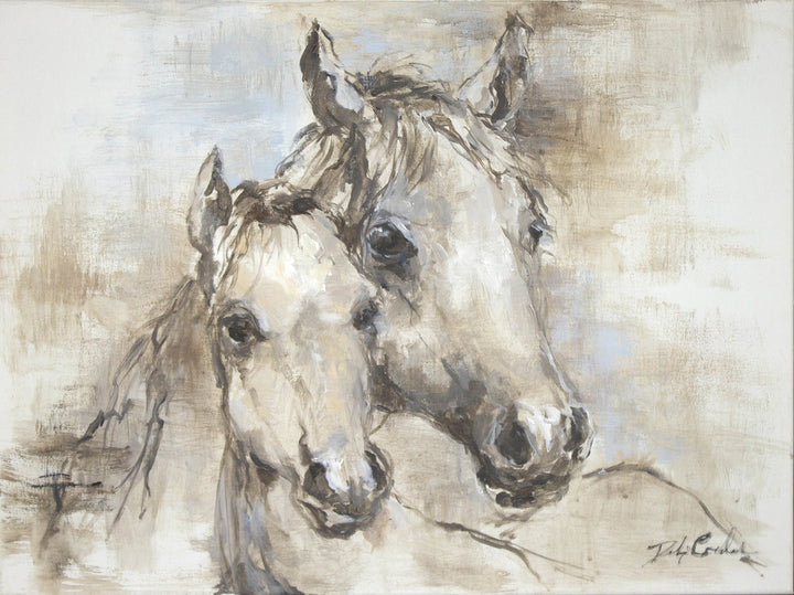 A Mother horse and her foal sharing a cozy moment. Neutral color scheme with charcoal grey outlined filling with shades of tan, beige, and hints of blue.