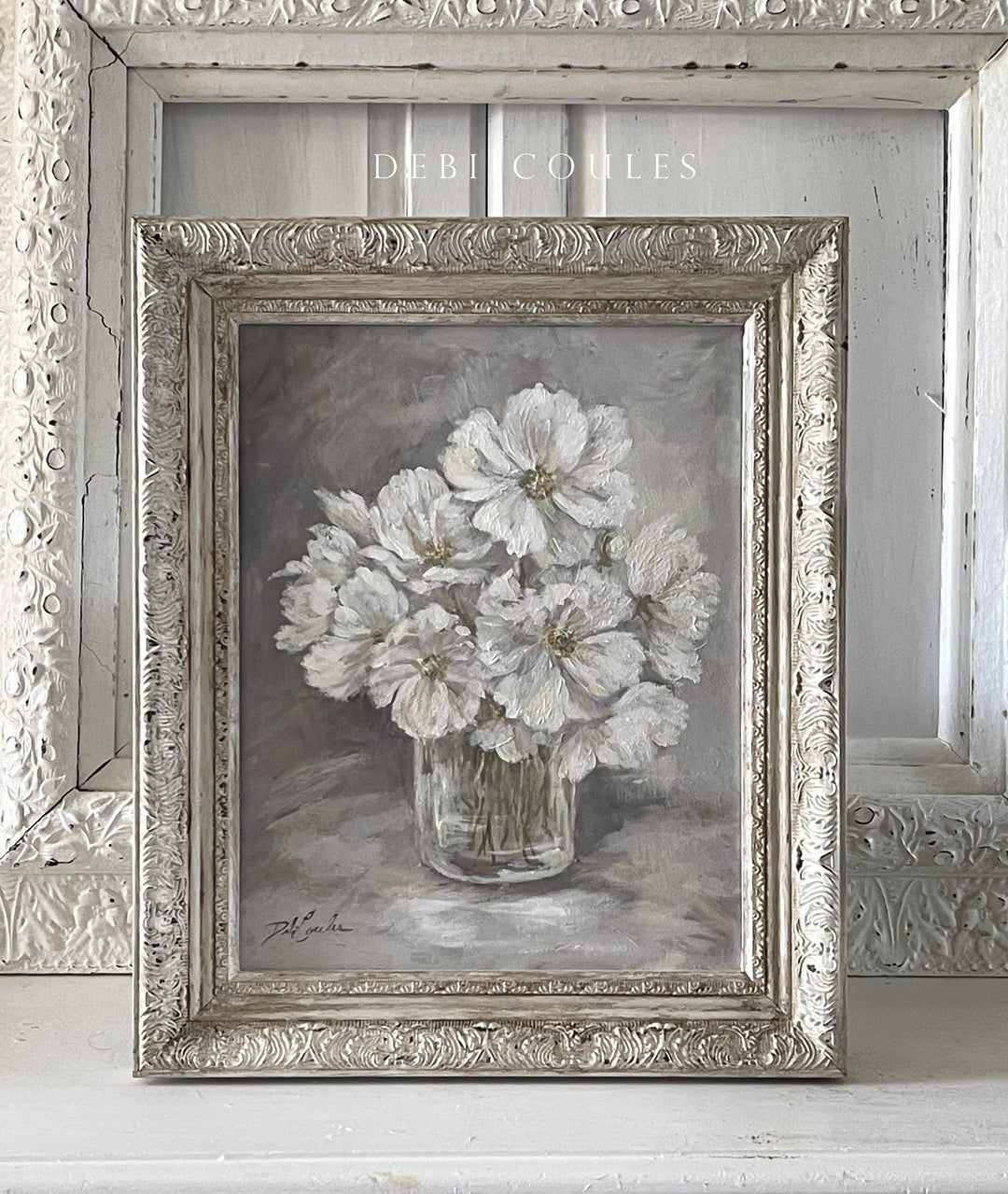 "Cosmos Bouquet" Shabby Chic White Cosmos Original Painting by Debi Coules