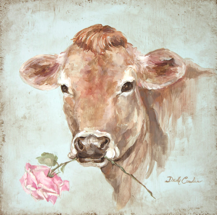 Painting of a cow holding a pink rose on a textured background