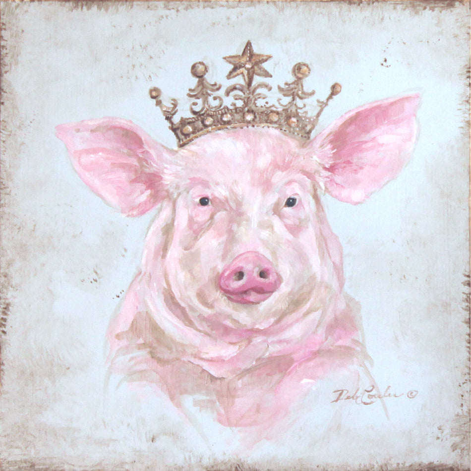 Painting of a pig wearing a crown on a textured blue background