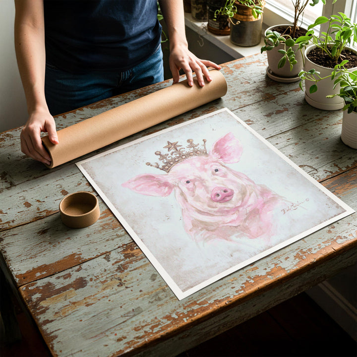 Person rolling up an unstretched canvas print of shabby chic pig farmhouse artwork to be placed in a cardboard mailing tube