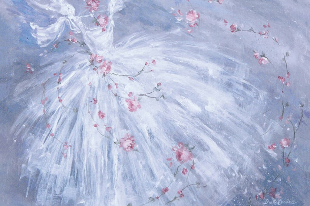 Ballet painting featuring a pure white tutu swaying on a background of purples and blues. Pink roses twirl in the air, caught up in the movement of the dance.