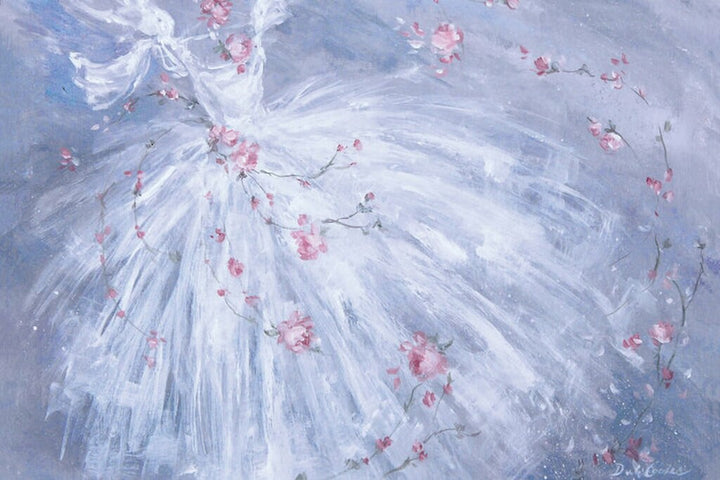 Ballet painting featuring a pure white tutu swaying on a background of purples and blues. Pink roses twirl in the air, caught up in the movement of the dance.