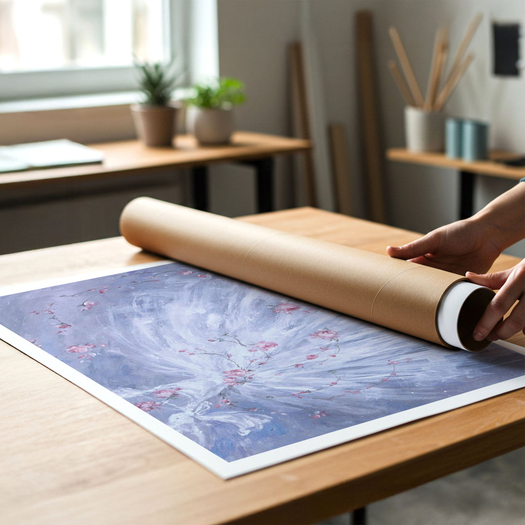Person rolling up a canvas print of ballet artwork of a tutu surrounded by dancing roses to put in a cardboard mailing tube.