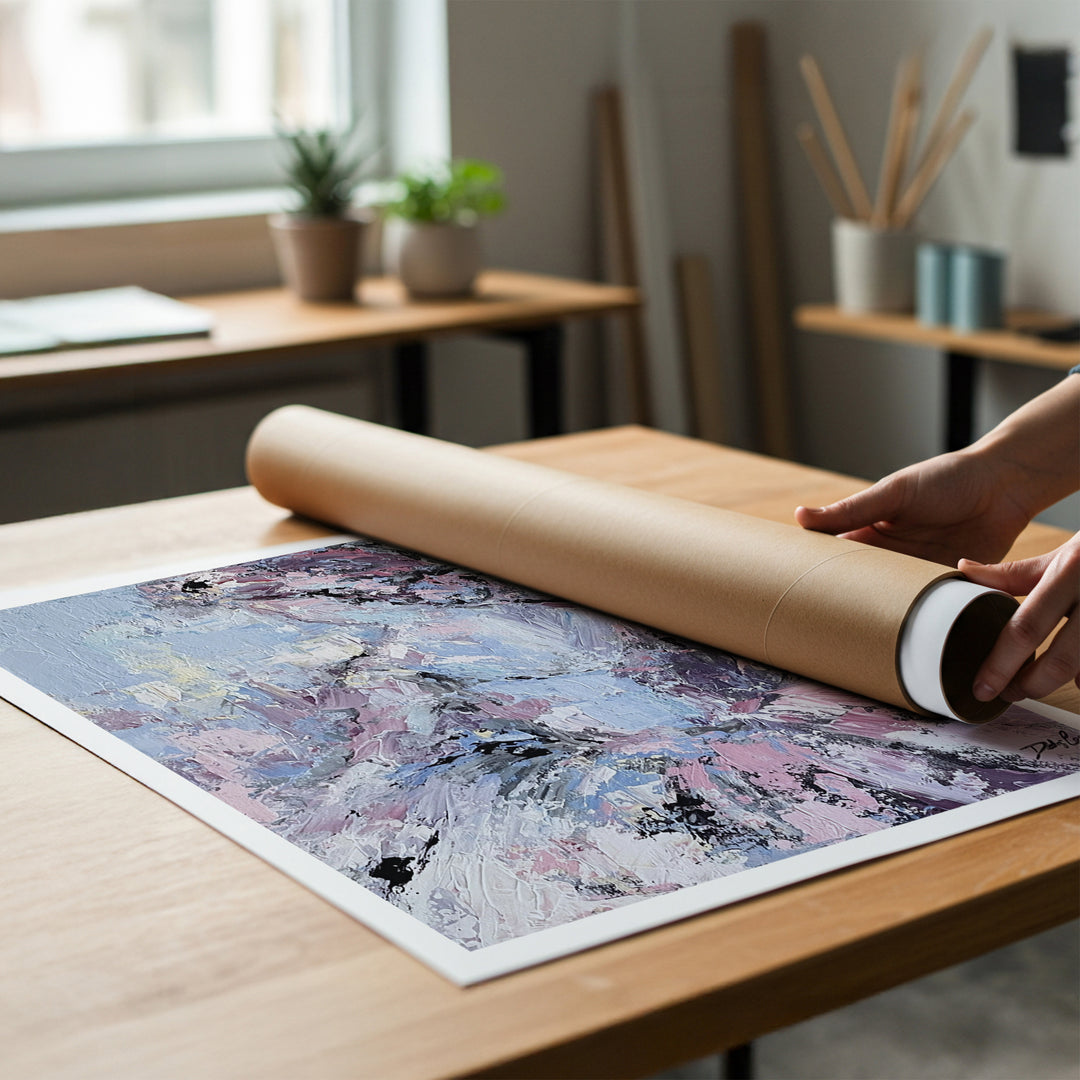 Person unrolling a large abstract ballet canvas print of a ballerina in a pink tutu.