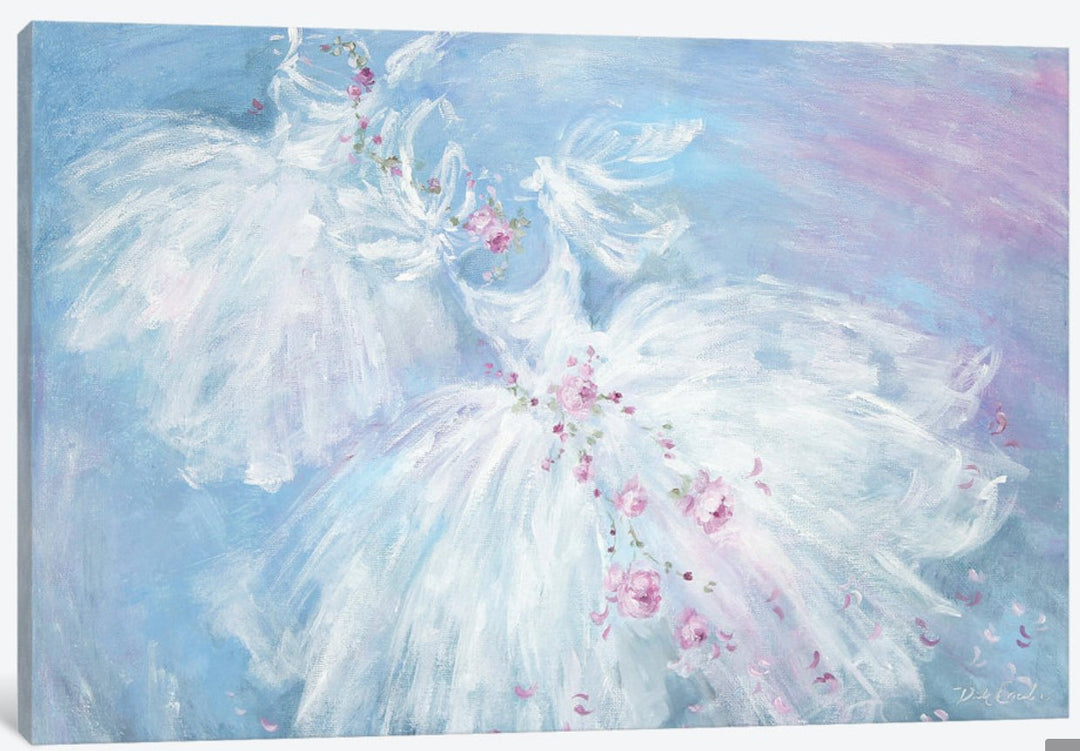 Two ballerinas in white tutus with pink flowers against a light blue background