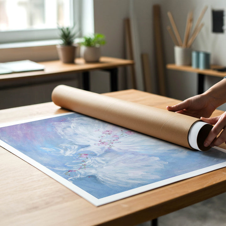 Person rolling a shabby-chic fine art print of a ballet painting to place in a cardboard mailing tube.