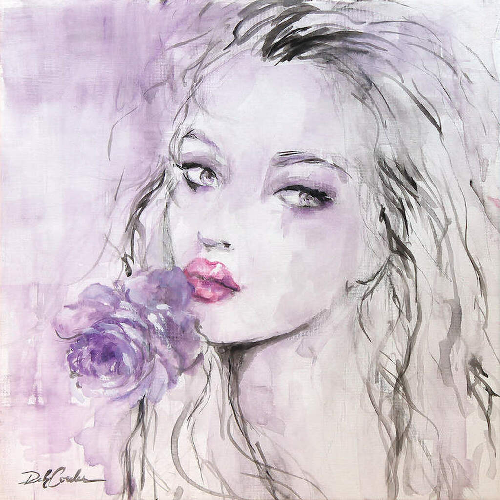 Black and white portrait with purple accents of a young woman holding a purple rose to her lips.