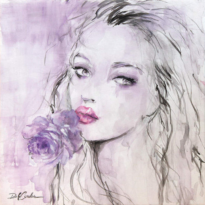 Black and white portrait with purple accents of a young woman holding a purple rose to her lips.
