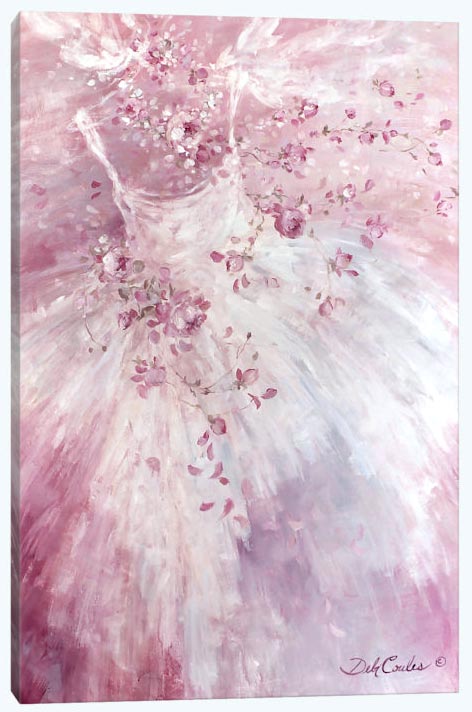 Abstract art of a pink and white ballerina dress with floral details on a light pink background