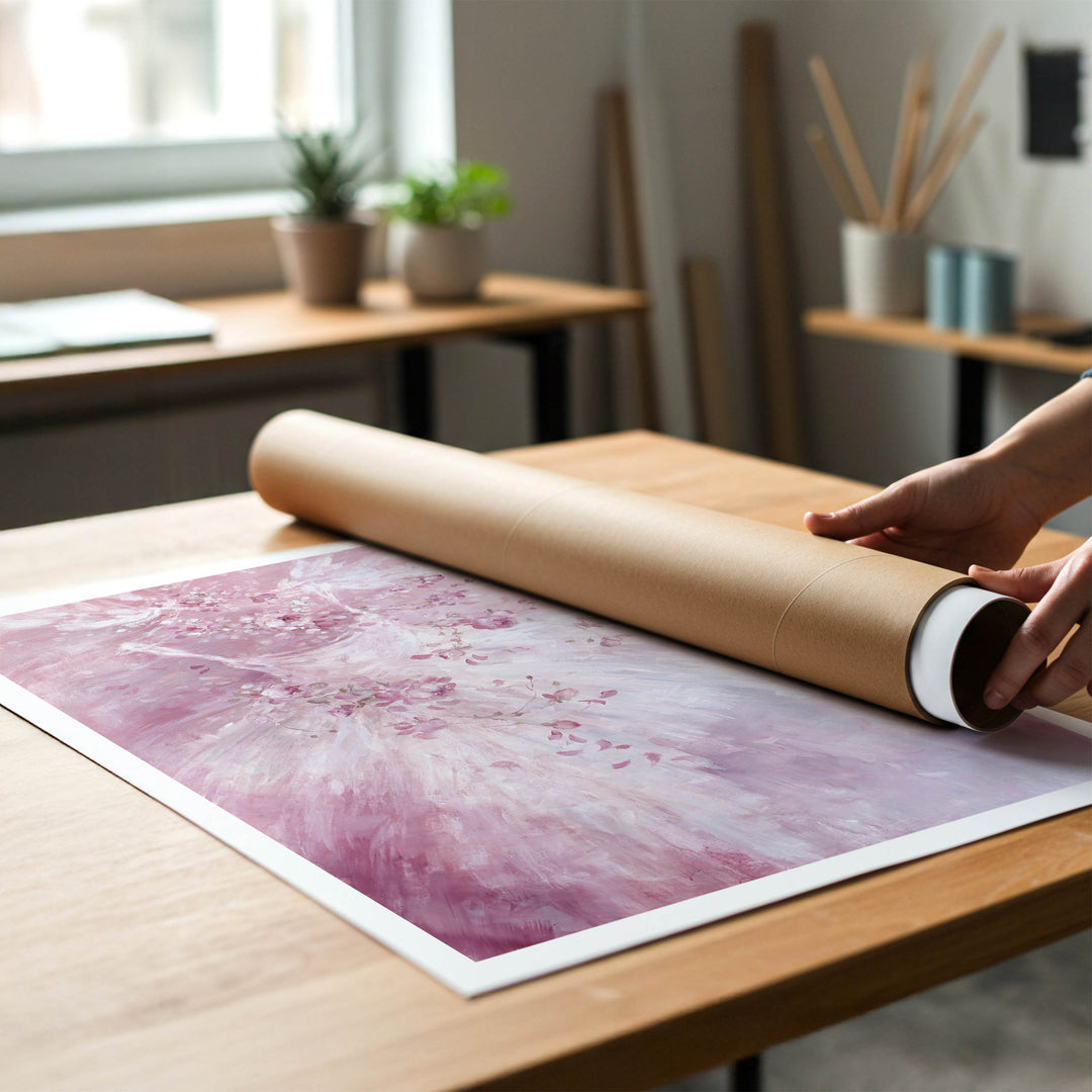 Person rolling a shabby-chic fine art print of a ballet painting to place in a cardboard mailing tube.