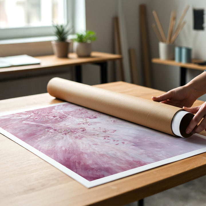 Person rolling a shabby-chic fine art print of a ballet painting to place in a cardboard mailing tube.