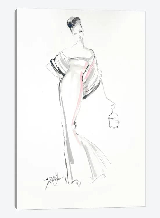 Dramatic black and white fashion illustration of a woman in an elegant gown and birdcage handbag.