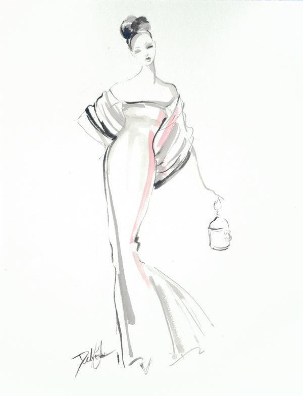 Fashion illustration of a French woman in a gorgeous sleeveless mermaid gown with draping stole. The watercolor model delicately holds her haute couture birdcage handbag.