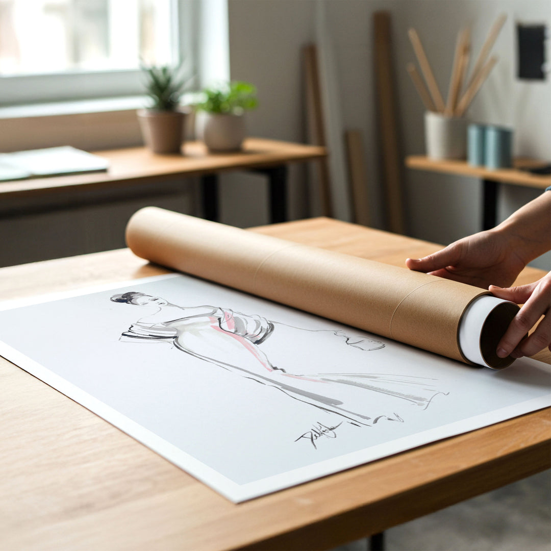 Person rolling up a canvas print of fashion illustration of French woman with a birdcage handbag to put in a cardboard mailing tube.